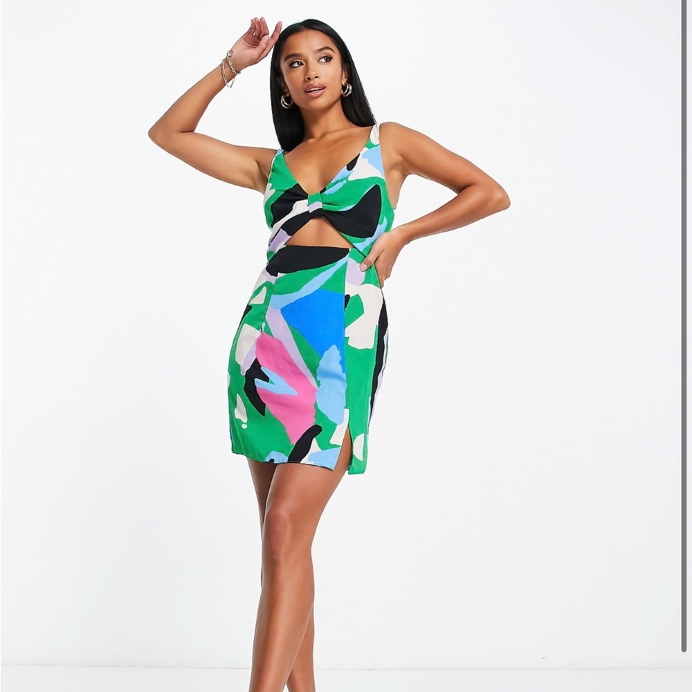 ASOS DESIGN petite nwt cut out knot front mini dress in bright print size 2
